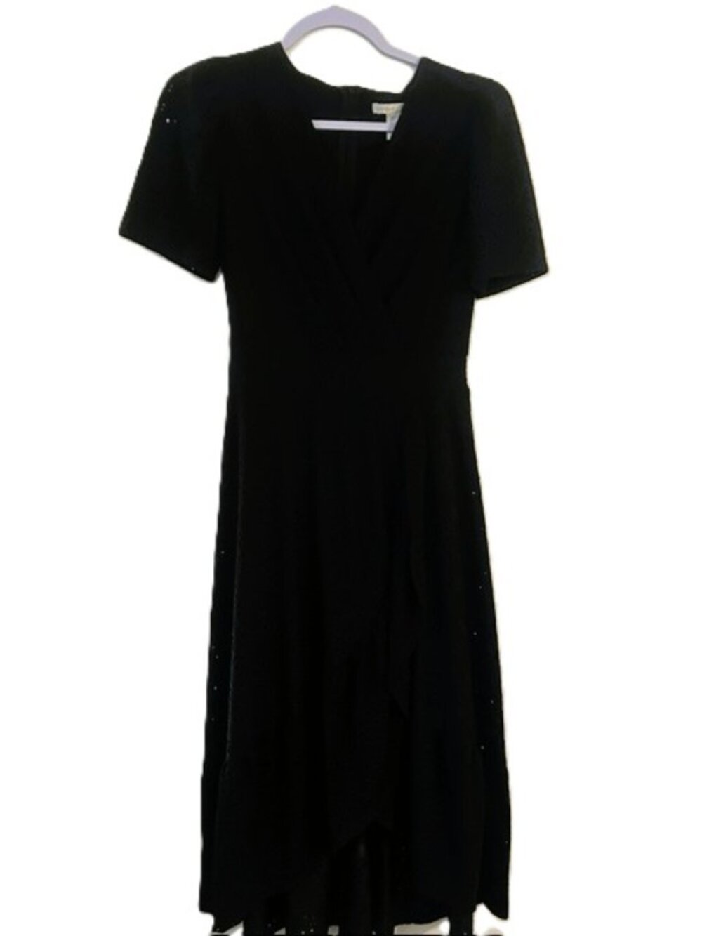 London Times Dress Ladies sz 4 Small Black Eyelet with Ruffles Hi Low Hem Deep V